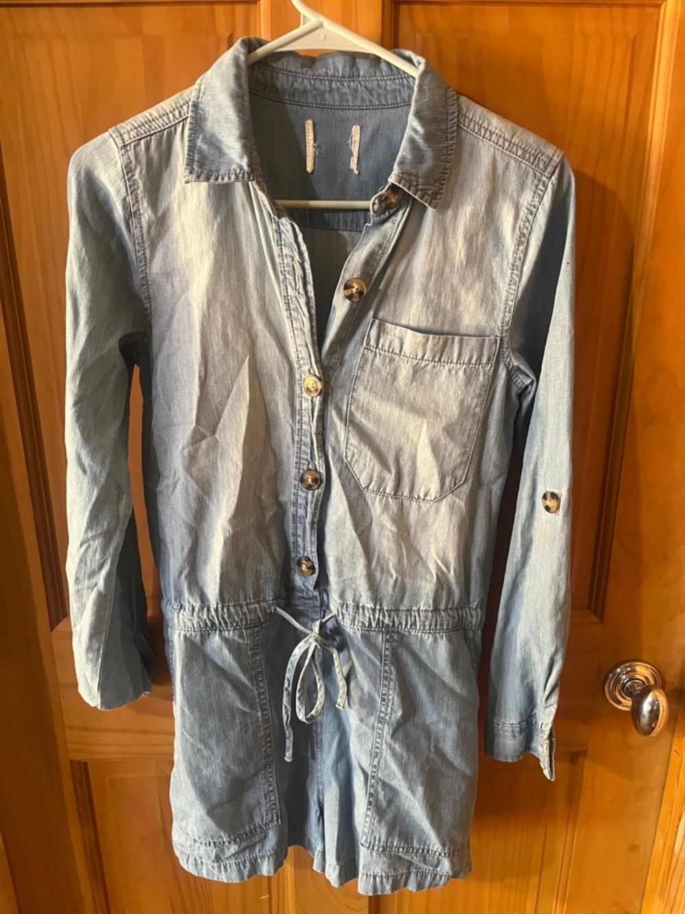 Light Wash Denim Button-Up Romper with Drawstring